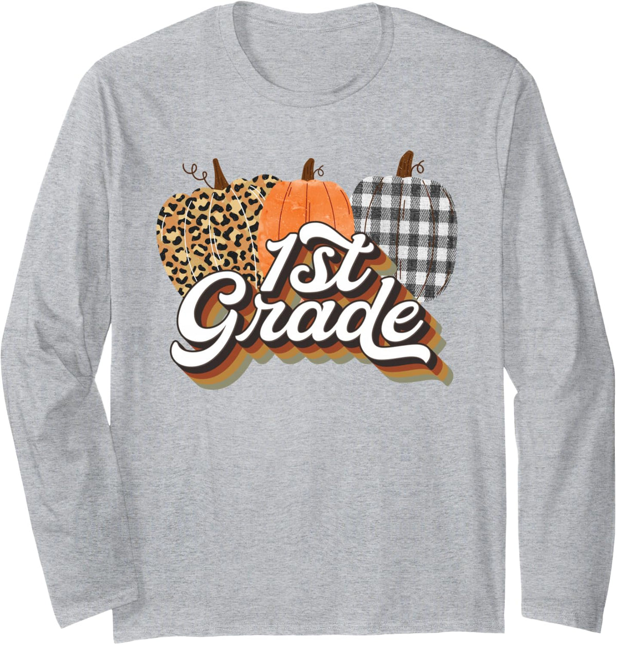 Fall Teacher Shirt 1st Grade Teacher Retro Halloween Pumpkin Long Sleeve T-Shirt - Adult Unisex Heather Grey