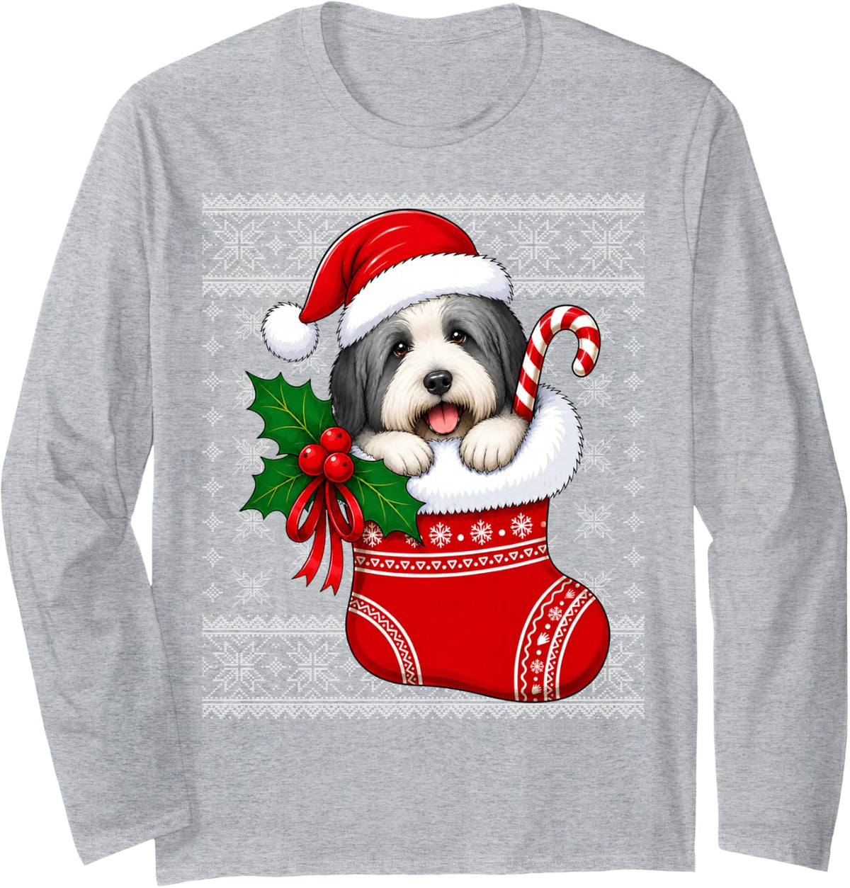 Bearded Collie Dog Christmas Stocking Cute Festive Ugly Xmas Long Sleeve T-Shirt - Adult Unisex Heather Grey