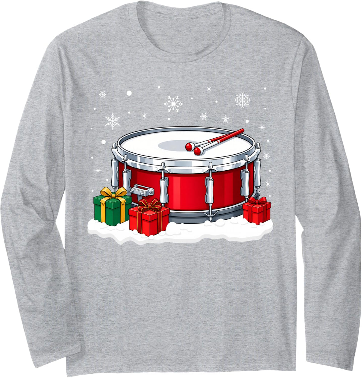 Festive Holiday Musical Drum Drummer Christmas Long Sleeve T-Shirt - Adult Unisex Heather Grey