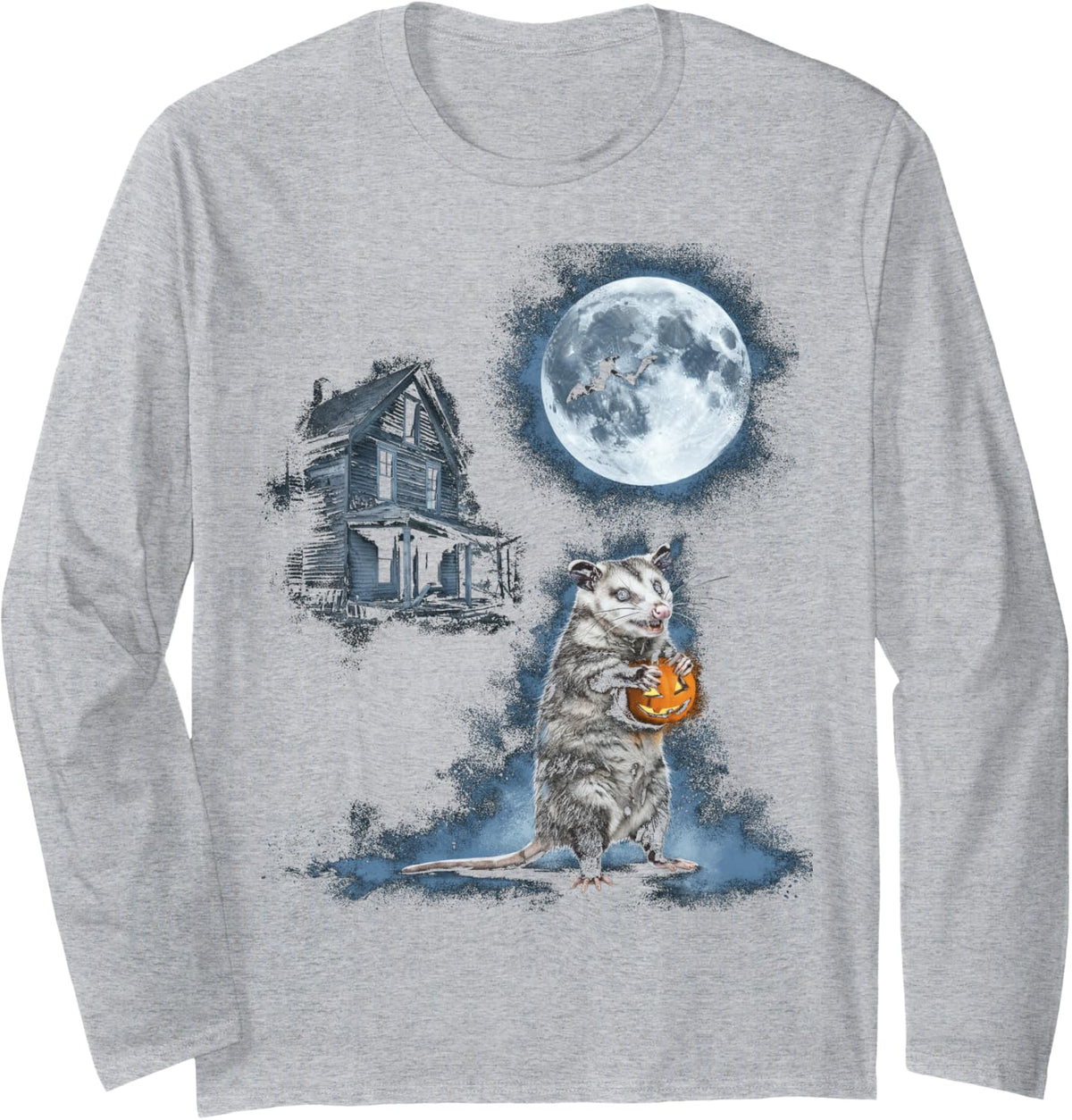 Vintage Opossum Halloween Funny Possum Pumpkin Spooky Moon Long Sleeve T-Shirt - Adult Unisex Heather Grey