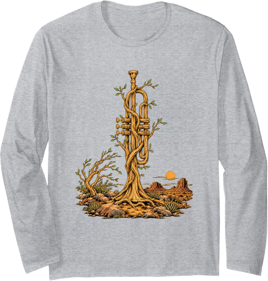 Desert Trumpet Tree Vines Western Music Nature Art Long Sleeve T-Shirt - Adult Unisex Heather Grey