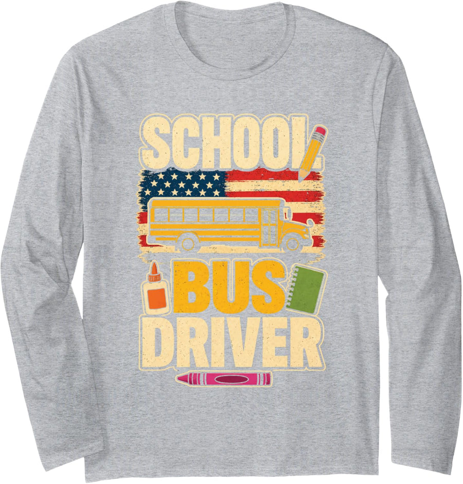 School Bus Driver Vintage Retro Distressed Elementary Long Sleeve T-Shirt - Adult Unisex Heather Grey