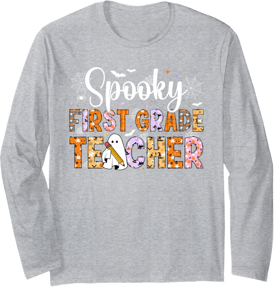 Spooky 1st Grade Teacher Halloween First Grade Teacher Long Sleeve T-Shirt - Adult Unisex Heather Grey