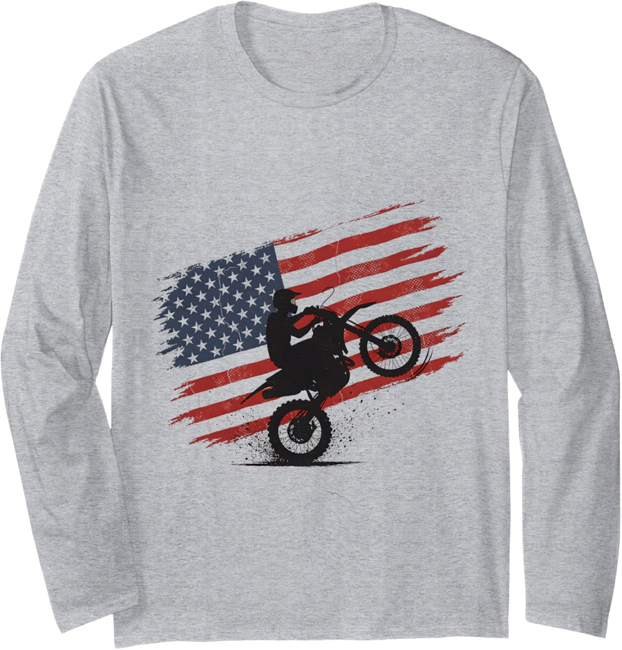 Motocross Dirt Bike Wheelie American Flag Racing Rider Long Sleeve T-Shirt - Adult Unisex Heather Grey