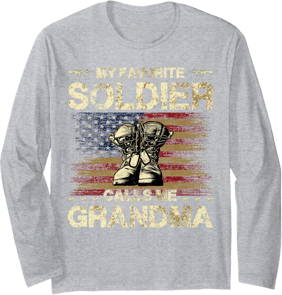 My Favorite Soldier Calls Me Grandma | Proud Army Grandma Long Sleeve T-Shirt - Adult Unisex Heather Grey