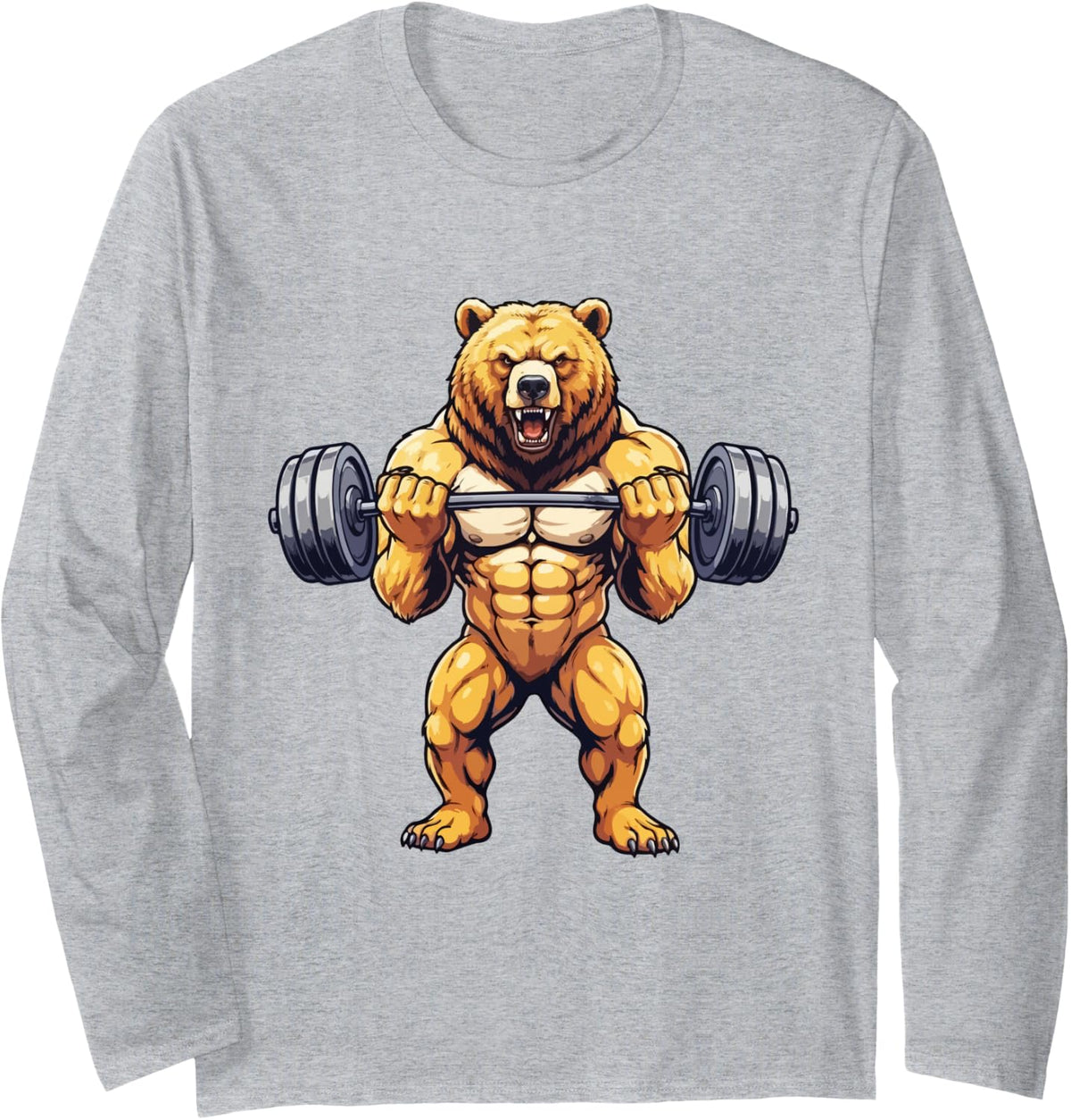 Muscular Bear Bicep Curls Powerlifting Graphics Long Sleeve T-Shirt - Adult Unisex Heather Grey