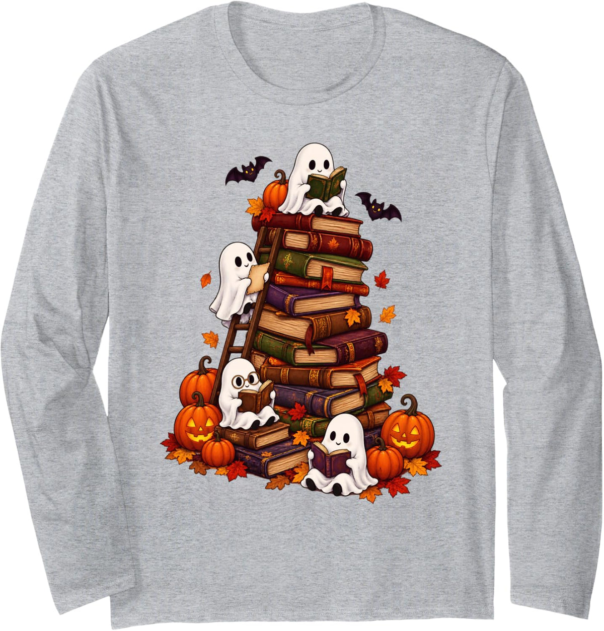 Spooky Ghost Reading Books Pumpkin Autumn Library Lover Long Sleeve T-Shirt - Adult Unisex Heather Grey