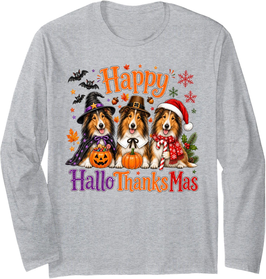 Collie Happy Hallothanksmas Halloween Thanksgiving Xmas Long Sleeve T-Shirt - Adult Unisex Heather Grey