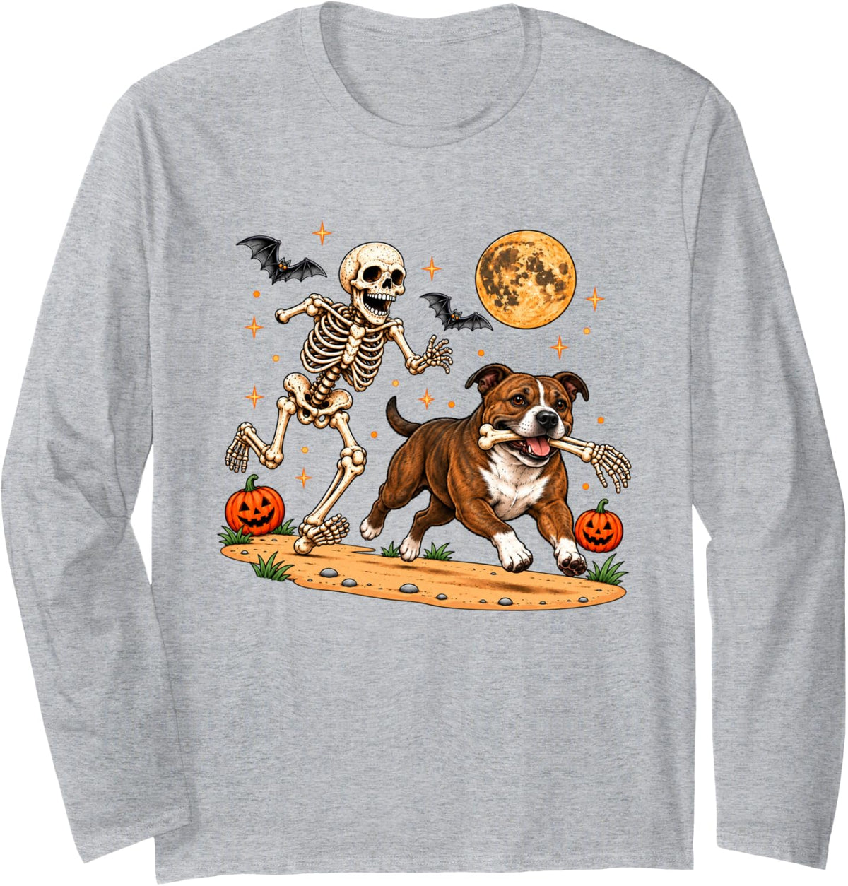 Funny Skeleton Chasing Staffordshire Bull Terrier Halloween Long Sleeve T-Shirt - Adult Unisex Heather Grey