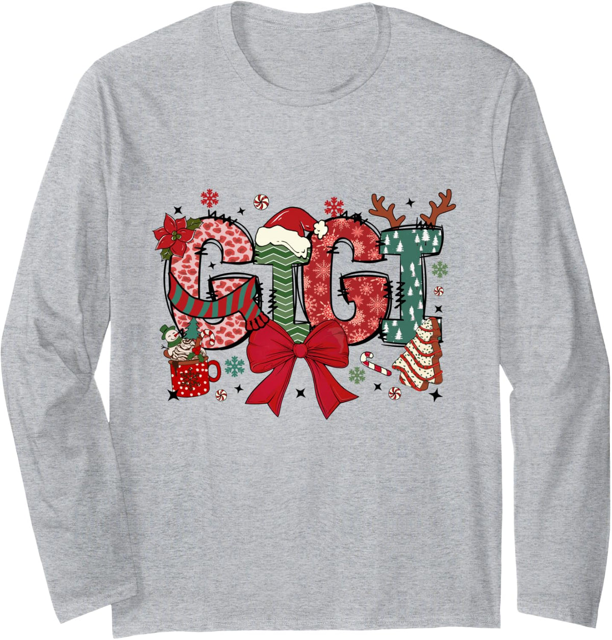 Christmas Bow Gigi Claus Reindeer Xmas Tree Cake Long Sleeve T-Shirt - Adult Unisex Heather Grey