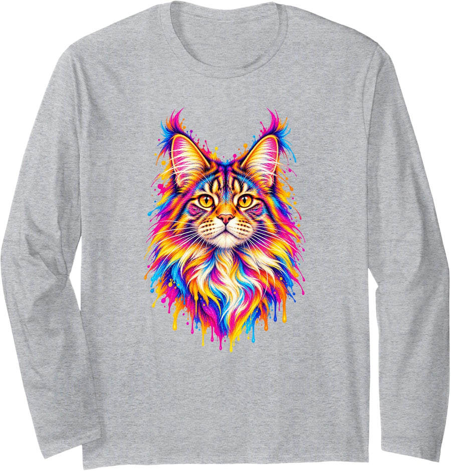 Maine Coon Cat Colorful Pop Art Paint Splash Long Sleeve T-Shirt - Adult Unisex Heather Grey