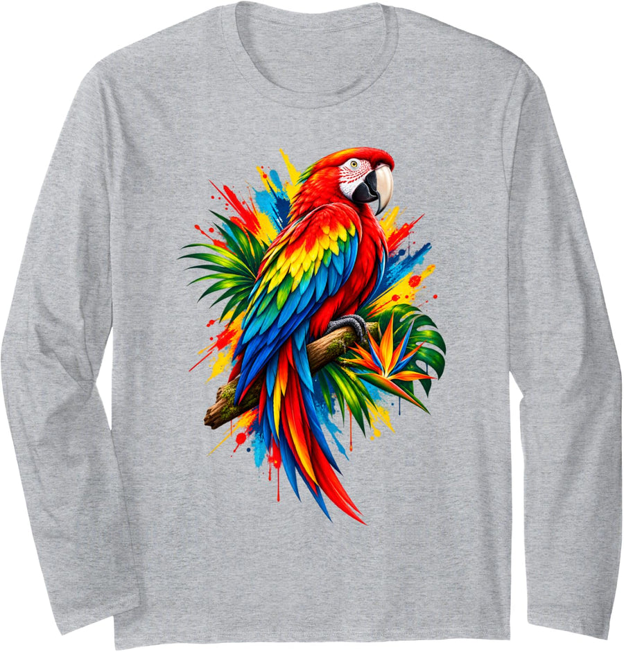 Colorful Parrot Lover Macaw Bird Splash Art Long Sleeve T-Shirt - Adult Unisex Heather Grey