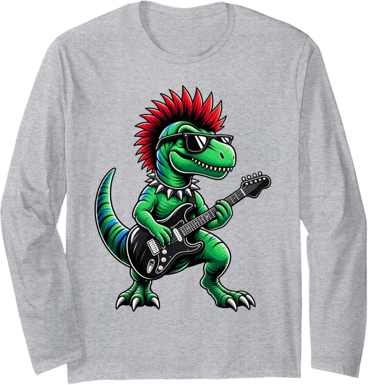 Punk Rock Dinosaur Guitarist Mohawk Goth Rock & Roll Art Long Sleeve T-Shirt - Adult Unisex Heather Grey