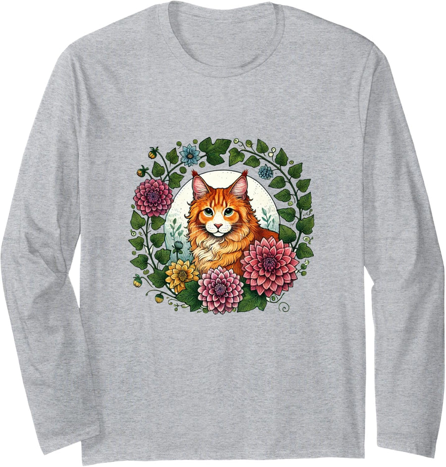 Orange Maine Coon Cat illustration Maine Coon Long Sleeve T-Shirt - Adult Unisex Heather Grey