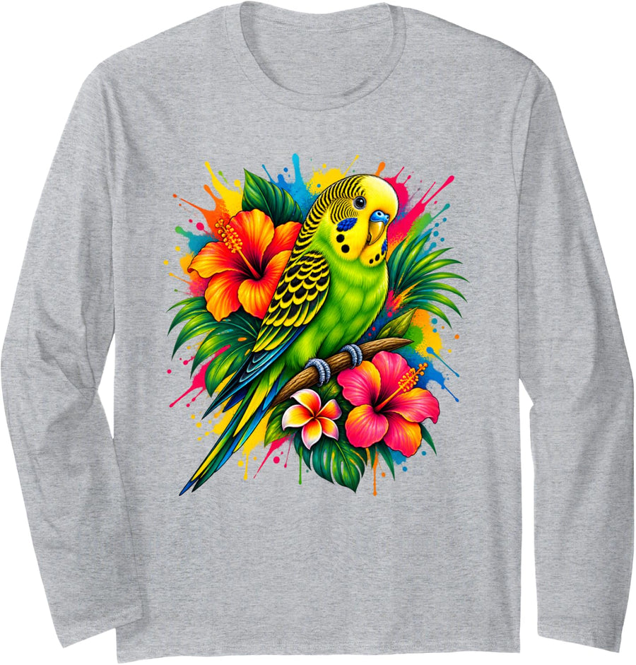 Budgie Parakeet Lover Splash Art Tropical Bird Long Sleeve T-Shirt - Adult Unisex Heather Grey