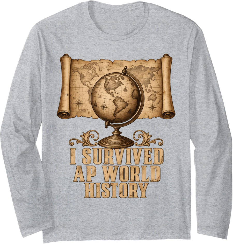 I Survived AP World History School Academic Graduation Funny Long Sleeve T-Shirt - Adult Unisex Heather Grey