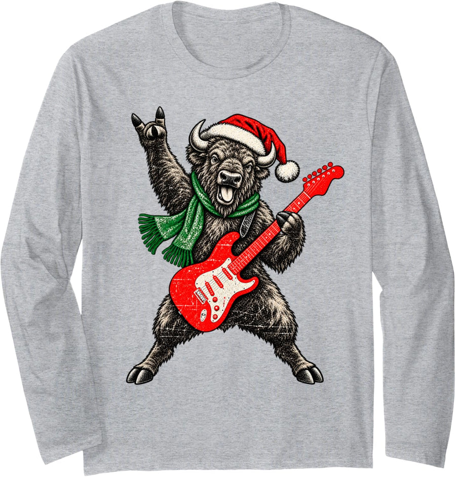 Vintage Bison Rock Playing Guitar Funny Christmas Long Sleeve T-Shirt - Adult Unisex Heather Grey