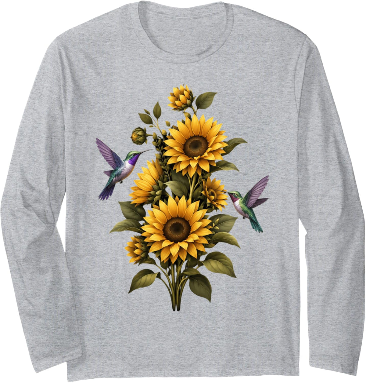 Sunflower Hummingbird Floral Nature Garden Botanical Long Sleeve T-Shirt - Adult Unisex Heather Grey