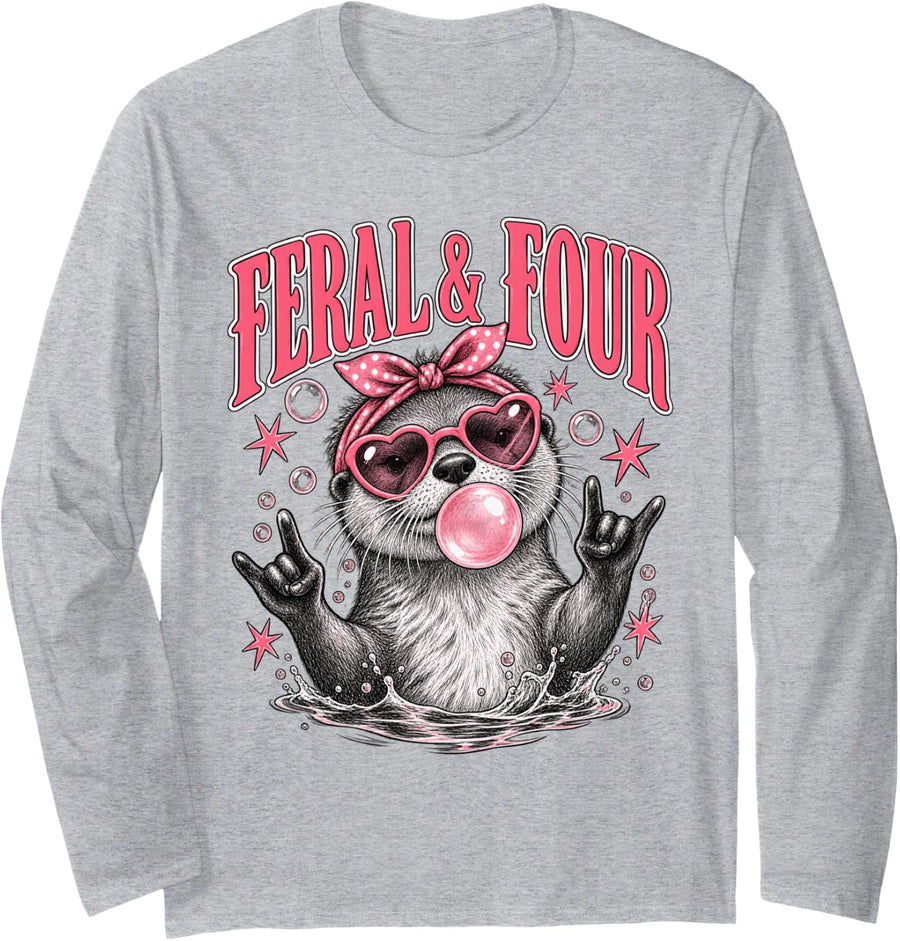 Feral and Four River Otter 4th Birthday Girl Funny 4 Years Long Sleeve T-Shirt - Adult Unisex Heather Grey