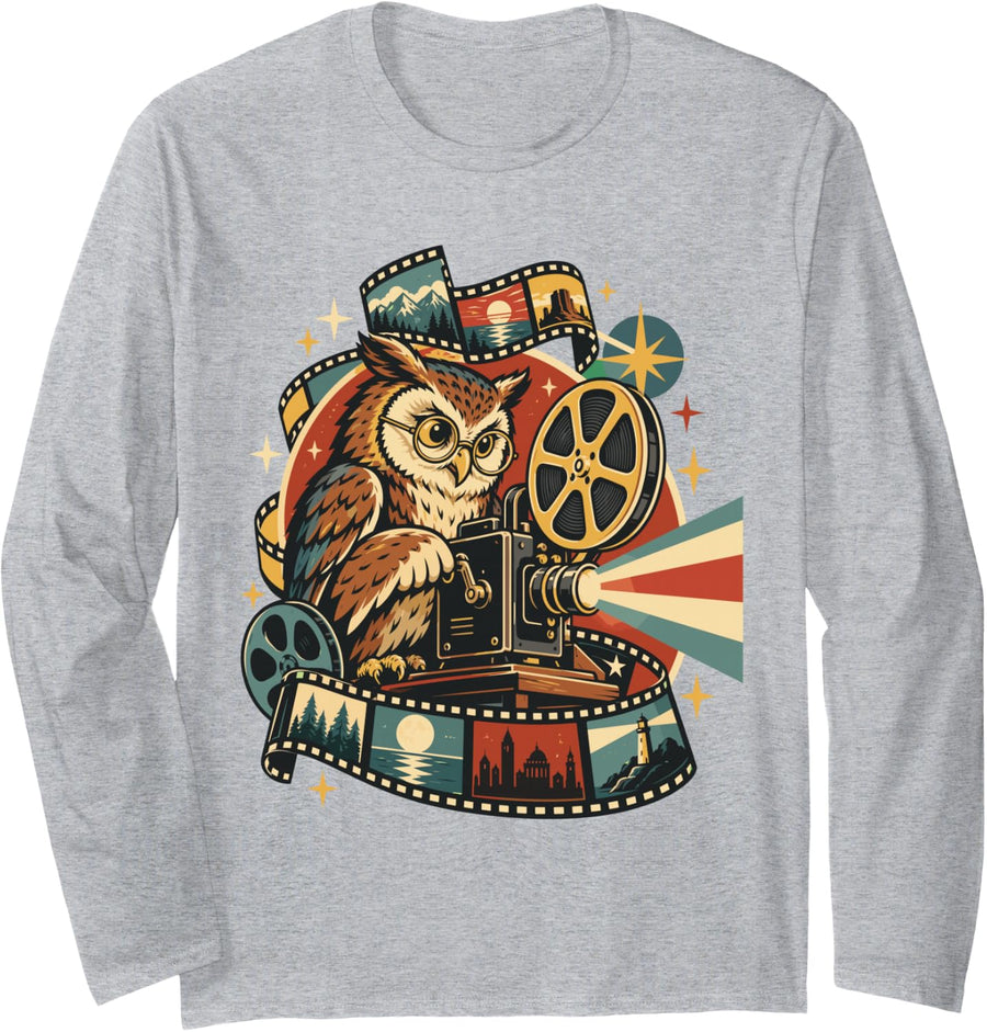Owl Film Projectionist Vintage Cinema Long Sleeve T-Shirt - Adult Unisex Heather Grey