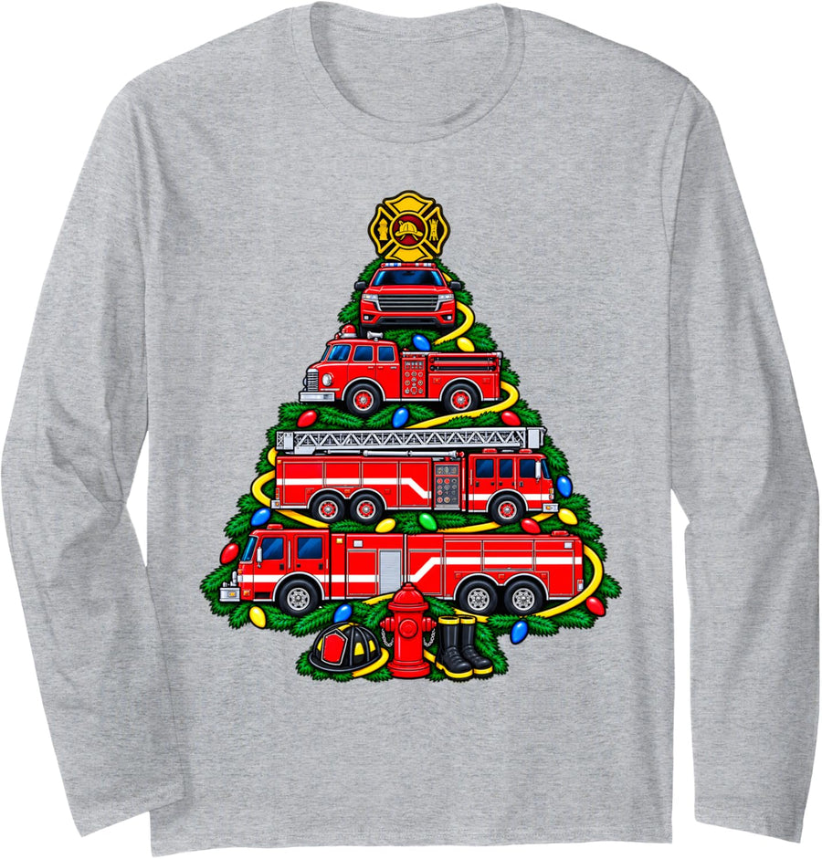 Fire Truck Xmas Lights Firefighter Fire Truck Christmas Tree Long Sleeve T-Shirt - Adult Unisex Heather Grey