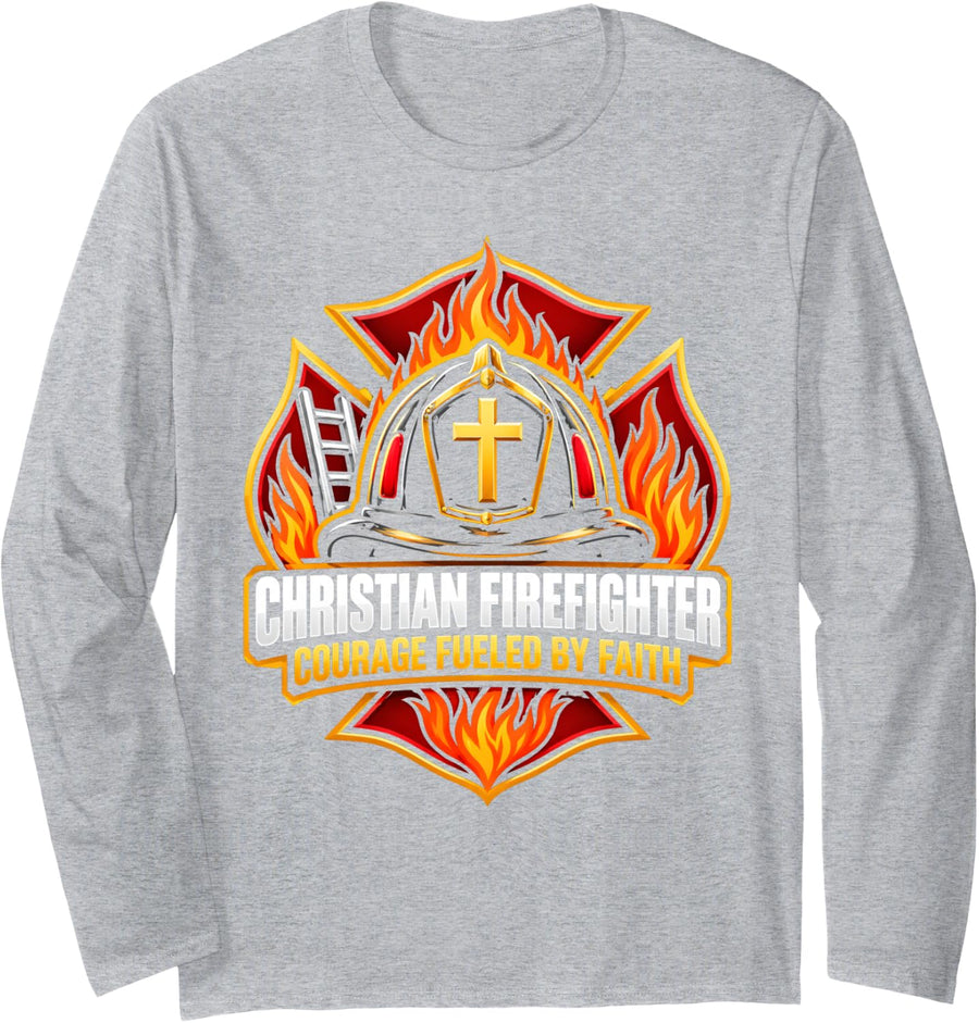 Christ Jesus God Bible Believer Faith Christian Firefighter Long Sleeve T-Shirt - Adult Unisex Heather Grey