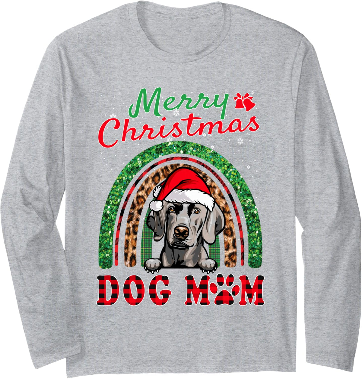 Weimaraner Christmas Santa Hat Dog Mom Boho Rainbow Xmas Long Sleeve T-Shirt - Adult Unisex Heather Grey