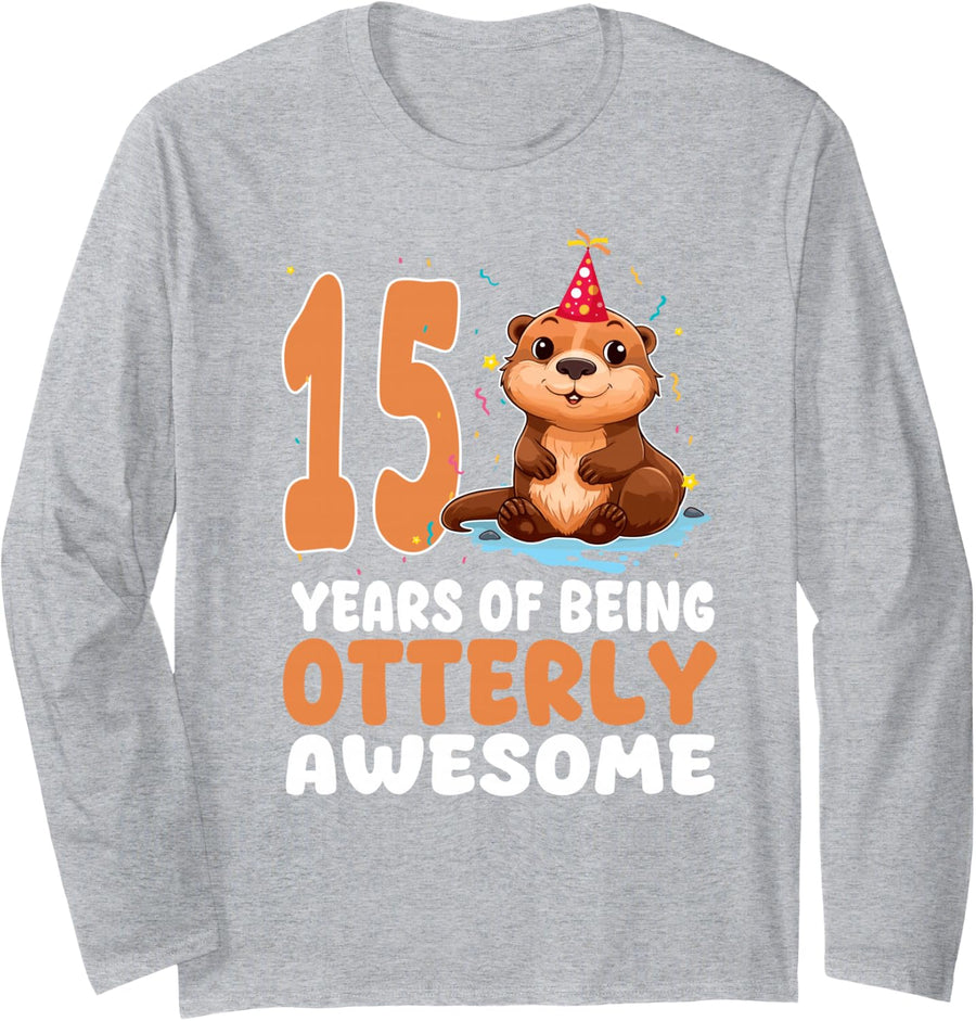 15 Years of Being Otterly Awesome 15th Birthday Otter Themed Long Sleeve T-Shirt - Adult Unisex Heather Grey