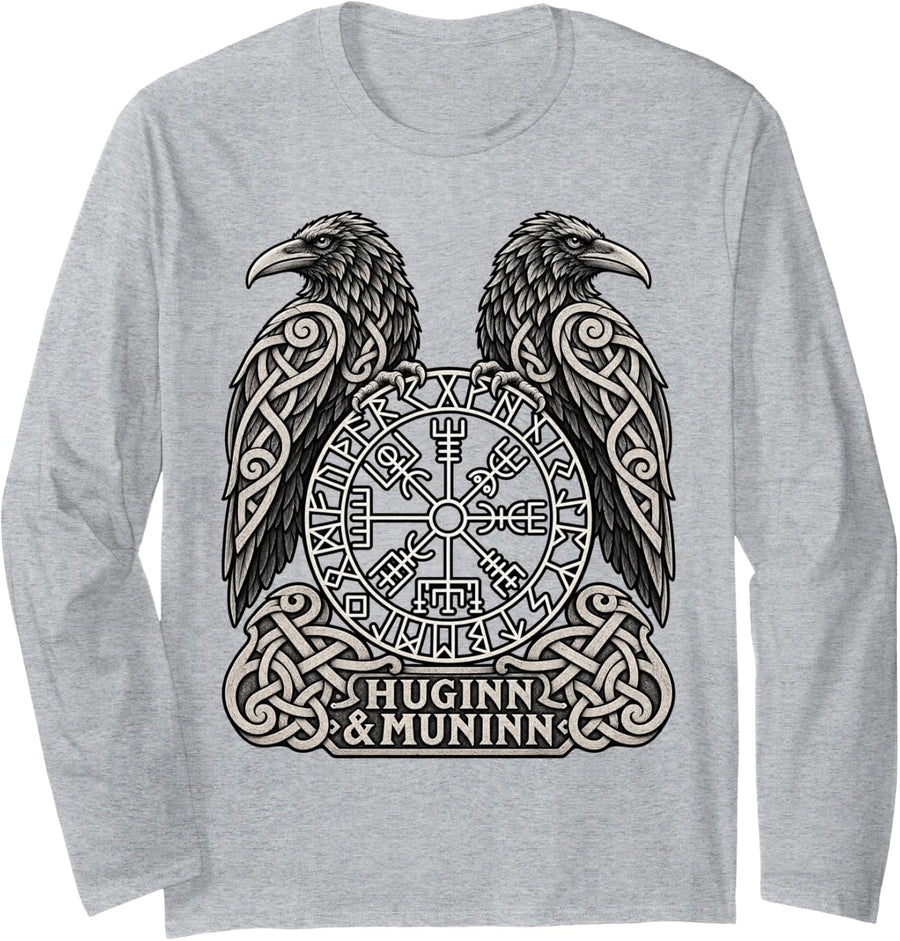 Odin Huginn Muninn Ravens Vegvisir Nordic Mythology Long Sleeve T-Shirt - Adult Unisex Heather Grey