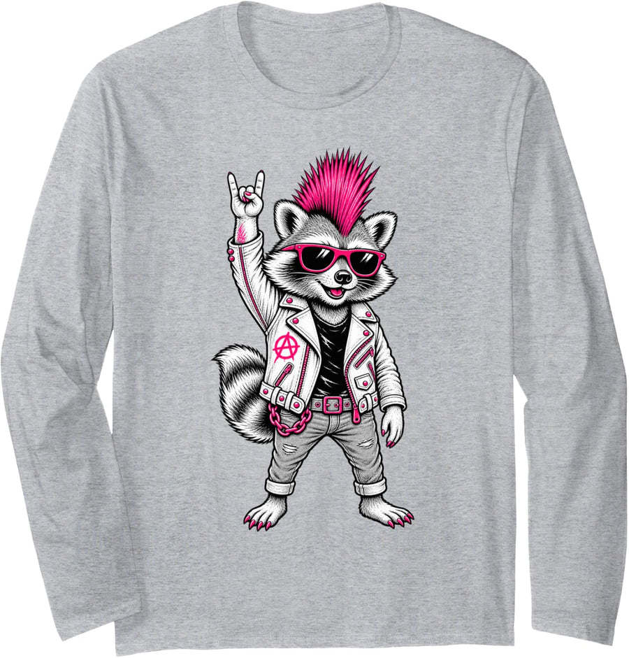 Punk Rock Raccoon Mohawk Sunglasses Trash Panda Music Art Long Sleeve T-Shirt - Adult Unisex Heather Grey