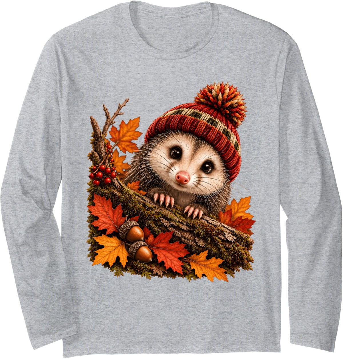 Cute Opossum Autumn Fall Outfit Funny Forest Animals Possum Long Sleeve T-Shirt - Adult Unisex Heather Grey