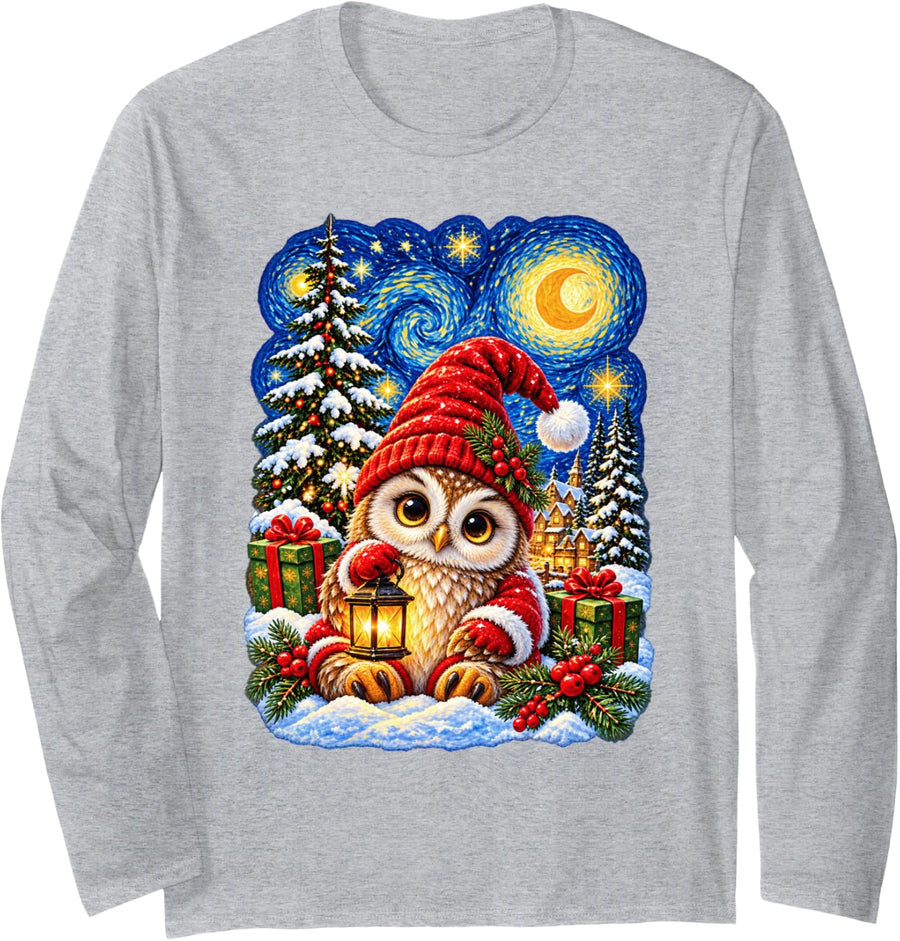 Christmas Owl Van Gogh Starry Sky for Men Women Long Sleeve T-Shirt - Adult Unisex Heather Grey