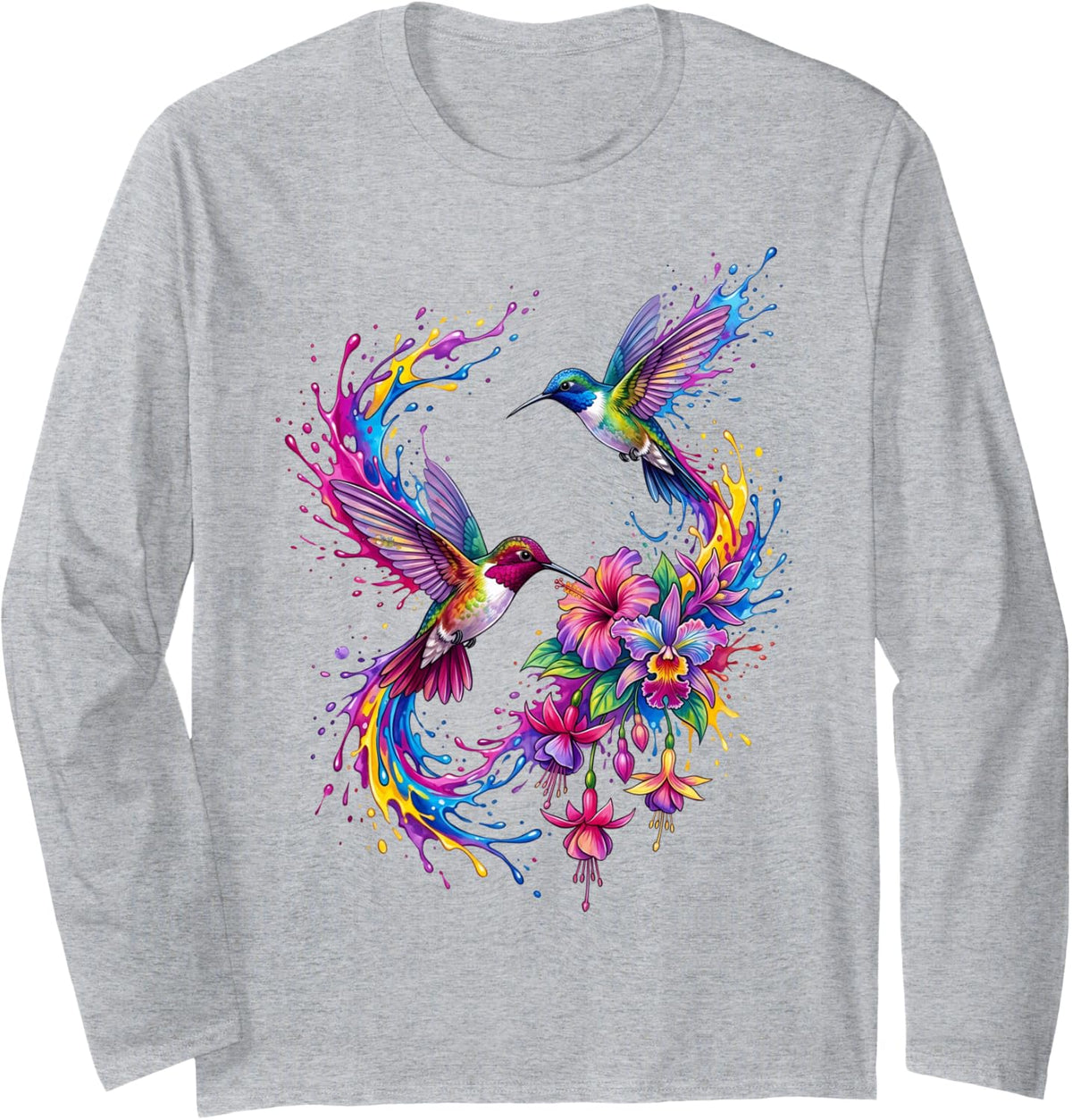 Dynamic Watercolor Hummingbirds and Tropical Floral Splatter Long Sleeve T-Shirt - Adult Unisex Heather Grey