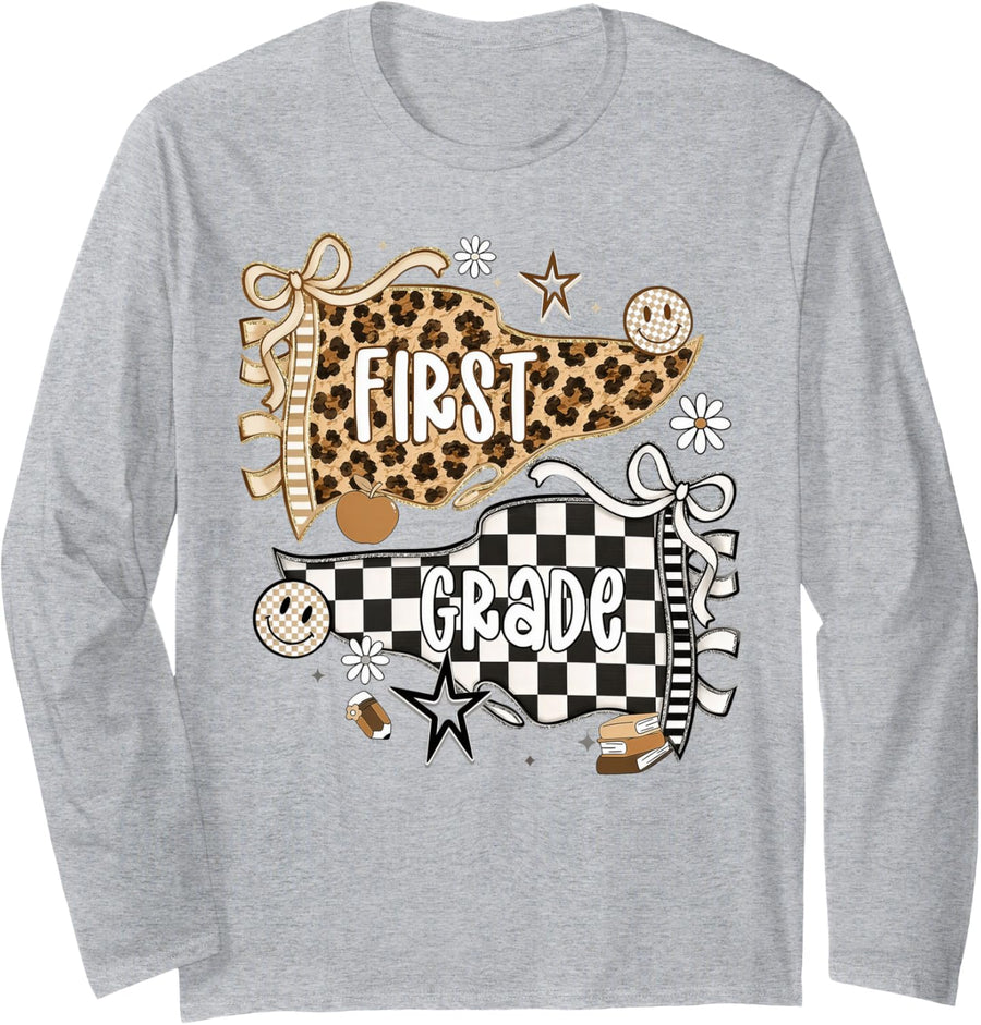 First Grade Leopard Teacher Pennant Flag Back to School Long Sleeve T-Shirt - Adult Unisex Heather Grey