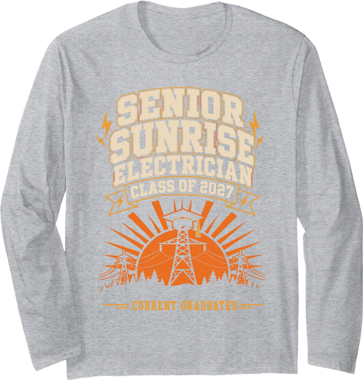 Senior Sunrise Electrician Class of 2027 Grad Long Sleeve T-Shirt - Adult Unisex Heather Grey