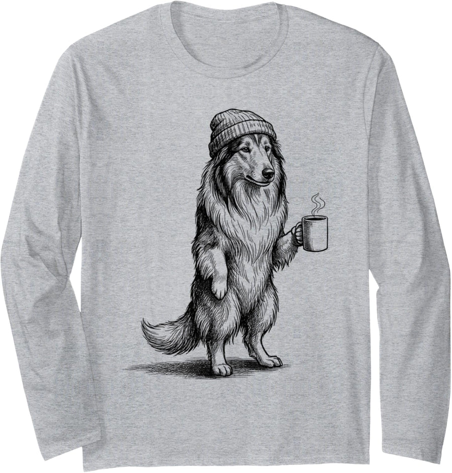Grumpy Collie Dog Drinking Coffee Funny Long Sleeve T-Shirt - Adult Unisex Heather Grey