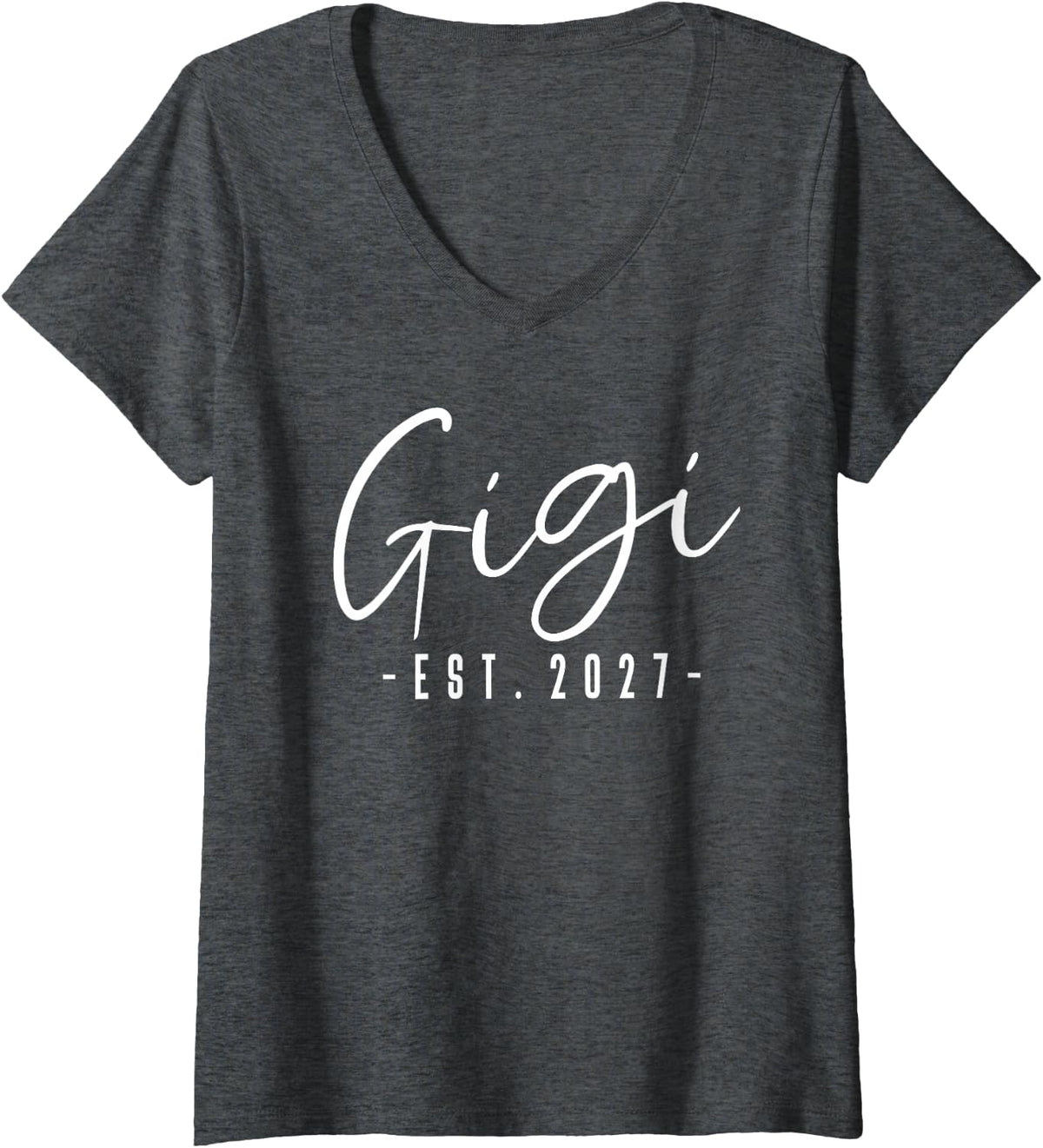 Women's Gigi Est 2027 New Gigi Elegant Script White V-Neck T-Shirt - Dark Heather Grey