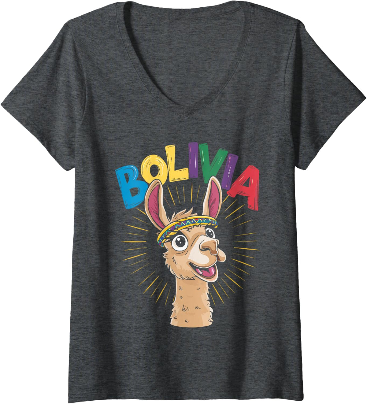 Women's Bolivia Llama V-Neck T-Shirt - Dark Heather Grey
