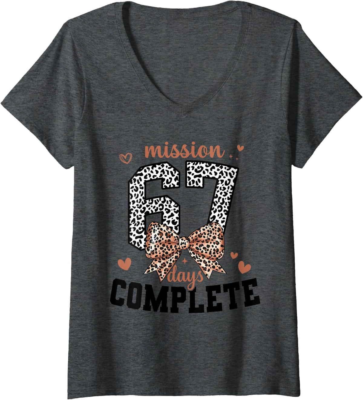 Women's Mission 67 Days Complete Back to School Bow Leopard Print V-Neck T-Shirt - Dark Heather Grey