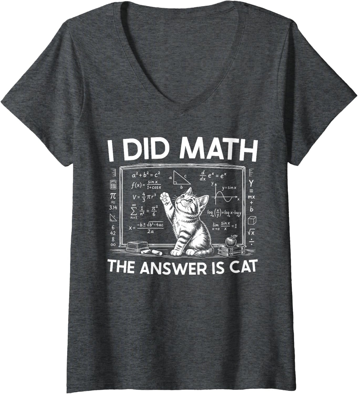 Women's I Did The Math The Answer is Cat Mathematics Math Lover V-Neck T-Shirt - Dark Heather Grey
