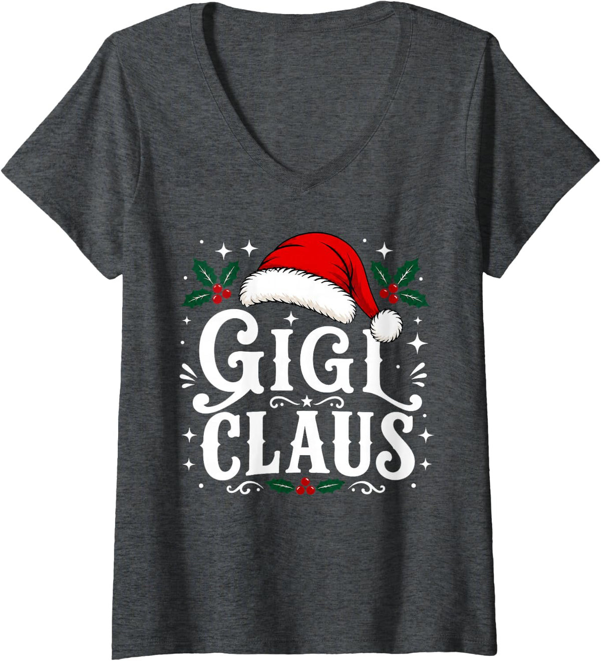 Women's Festive Gigi Claus Christmas Grandma Women Xmas V-Neck T-Shirt - Dark Heather Grey