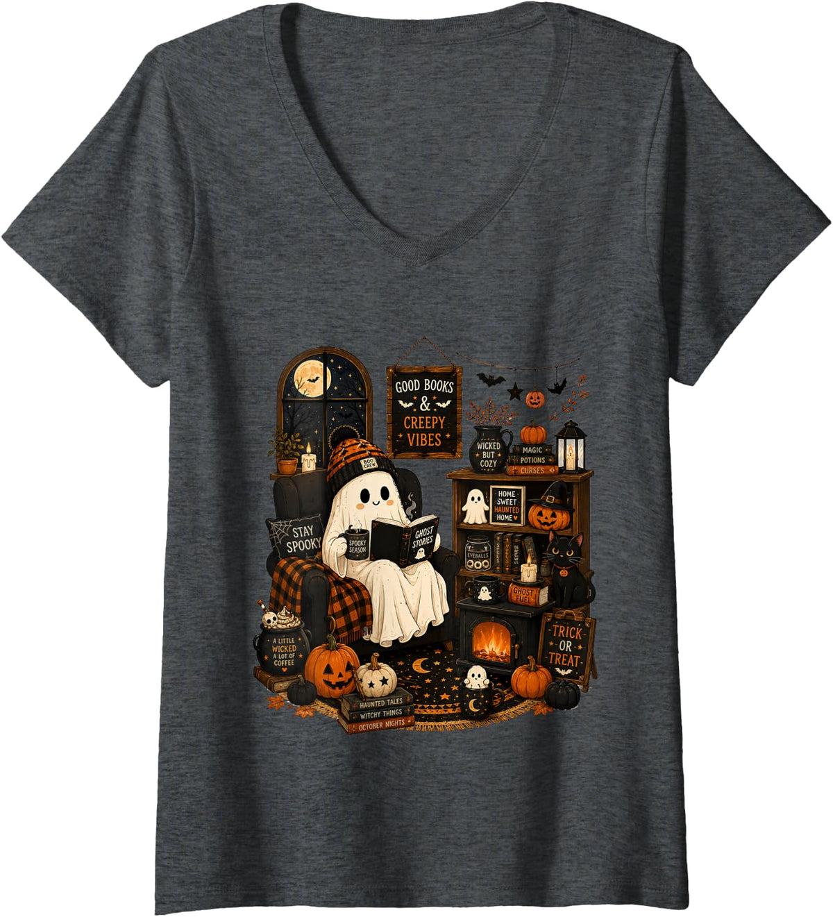 Women's Bookish Ghost Reading Ghost Stories Coffee Lover Cozy Home V-Neck T-Shirt - Dark Heather Grey