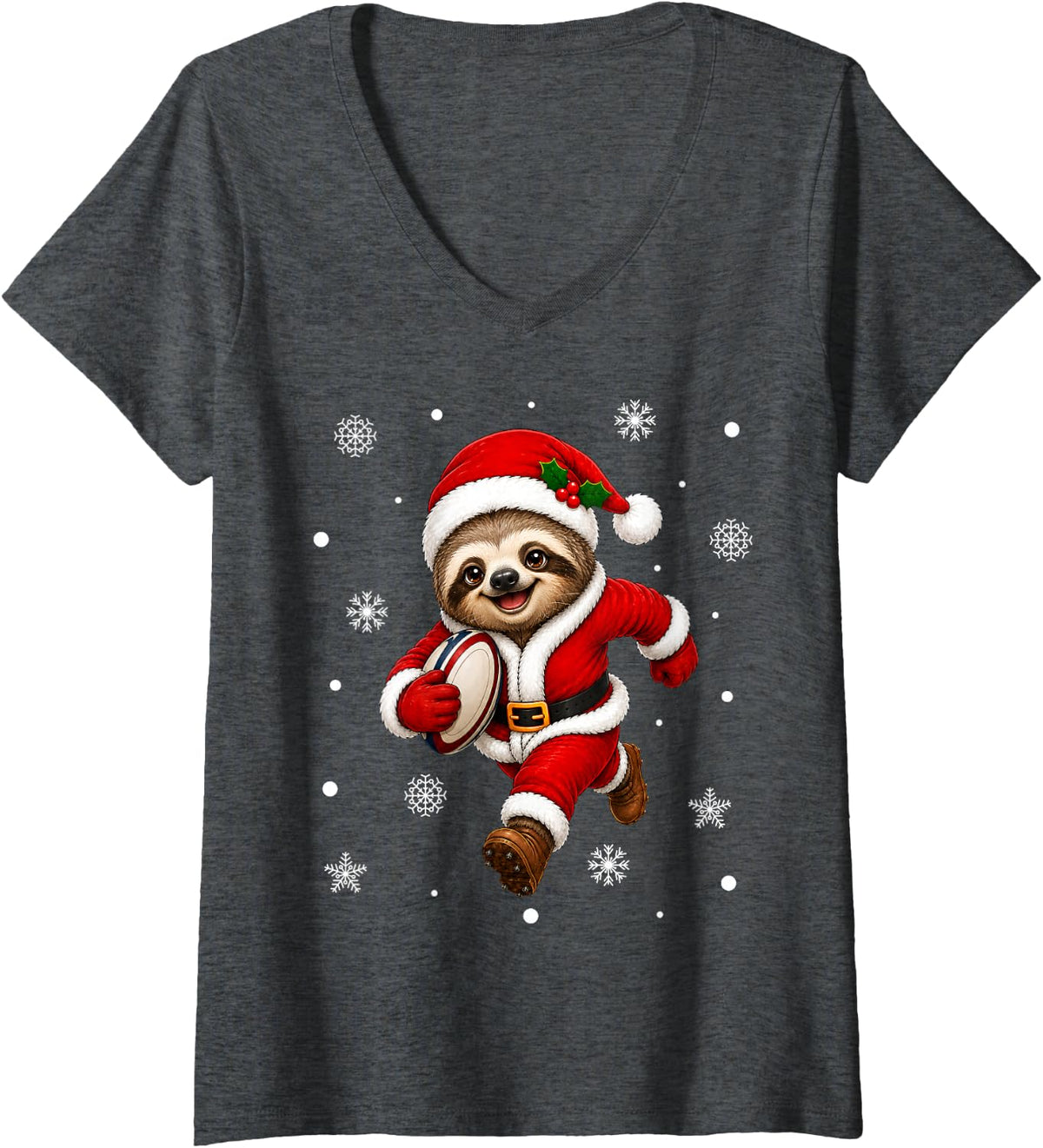 Women's Sloth Playing Rugby Christmas Sports Cute Santa Suit Xmas V-Neck T-Shirt - Dark Heather Grey