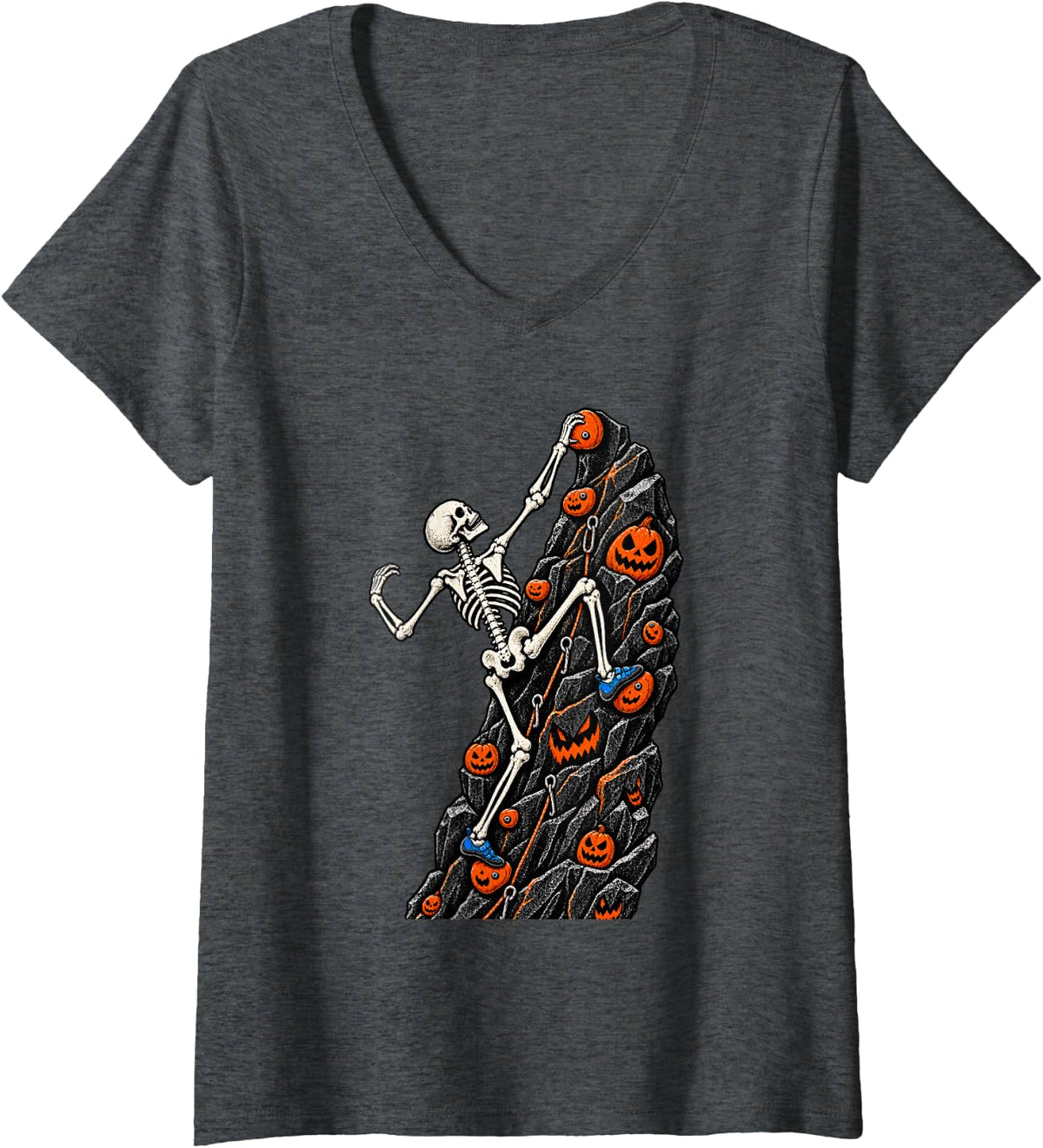 Women's Funny Halloween Skeleton Rock Climber Climbing Adventure V-Neck T-Shirt - Dark Heather Grey