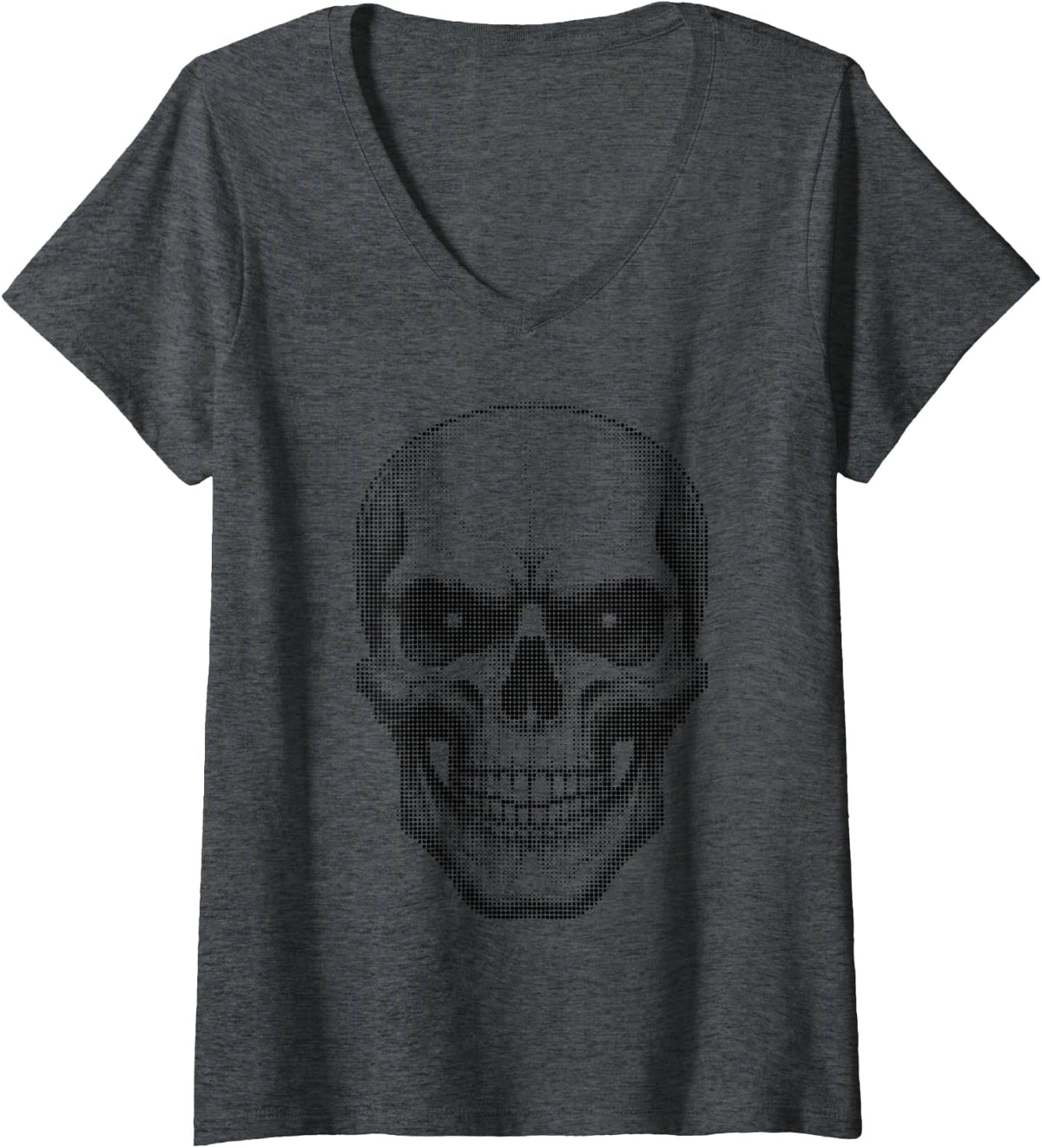 Womens Skull - Edgy Gothic Punk Biker Design V-Neck T-Shirt - Dark Heather Grey