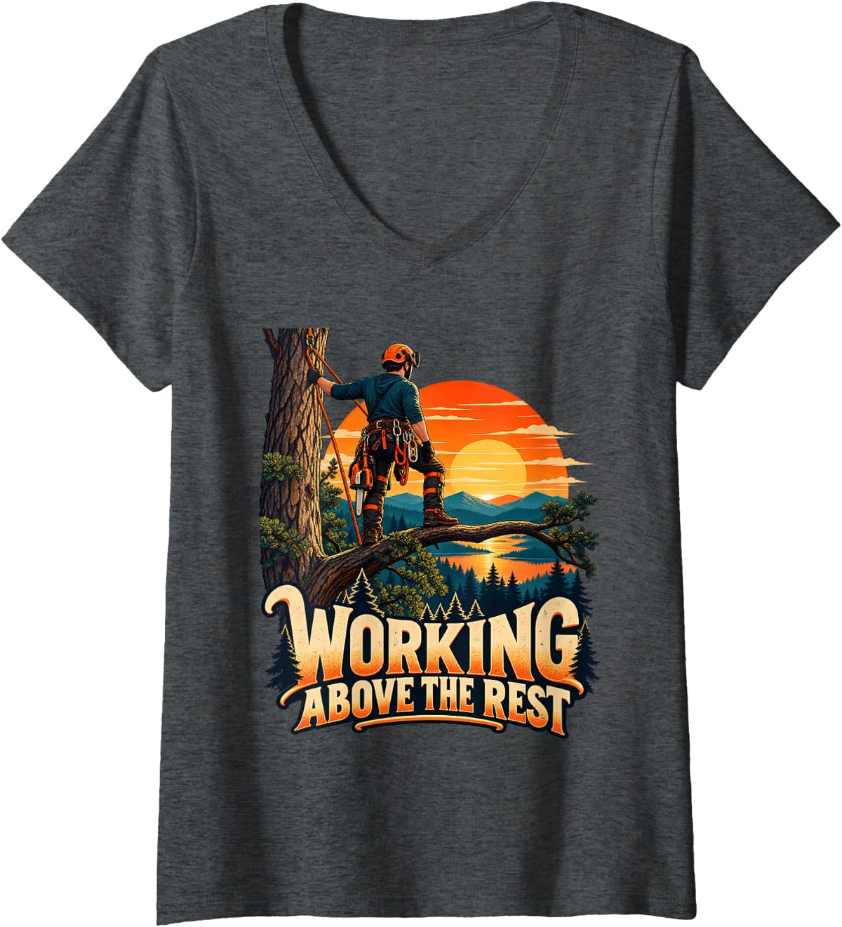 Women's Working Above The Rest Arborist Tree Climber Sunset V-Neck T-Shirt - Dark Heather Grey