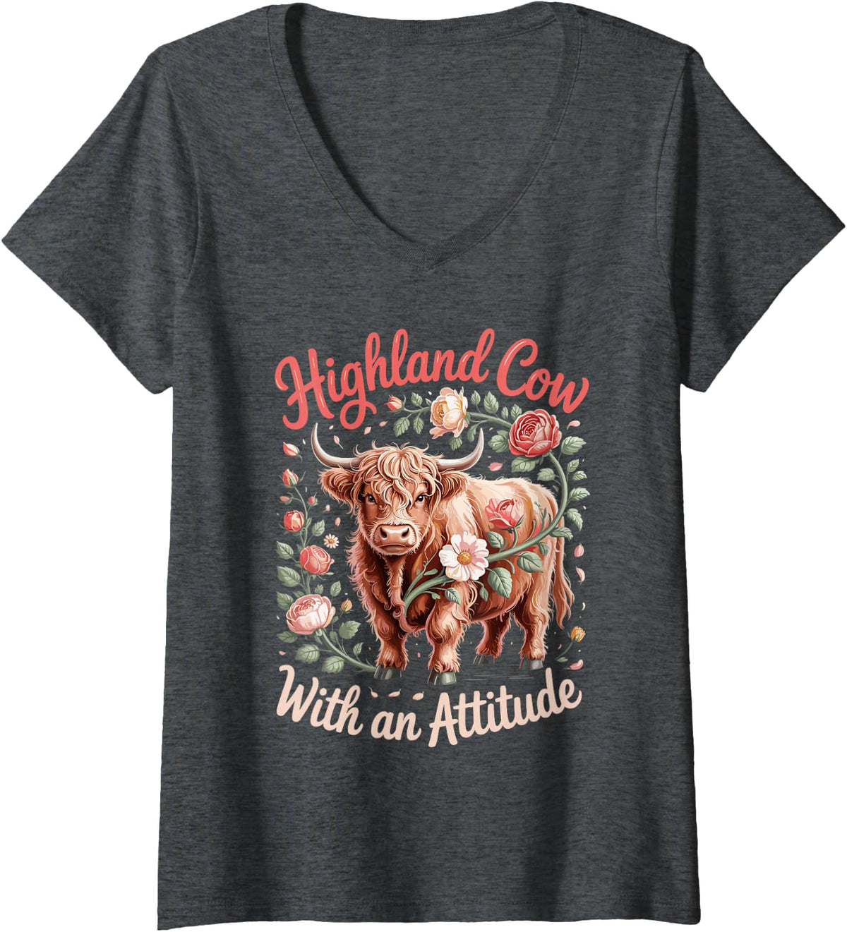 Women's Highland Cow with an Attitude V-Neck T-Shirt - Dark Heather Grey