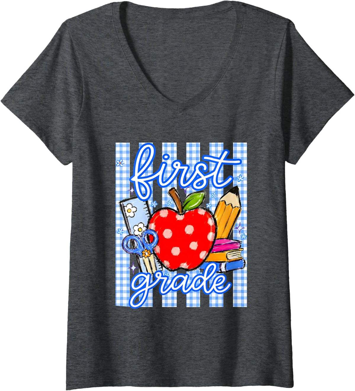 Women's First Grade Blue Gingham Stripes Pencil Apple School Kids V-Neck T-Shirt - Dark Heather Grey