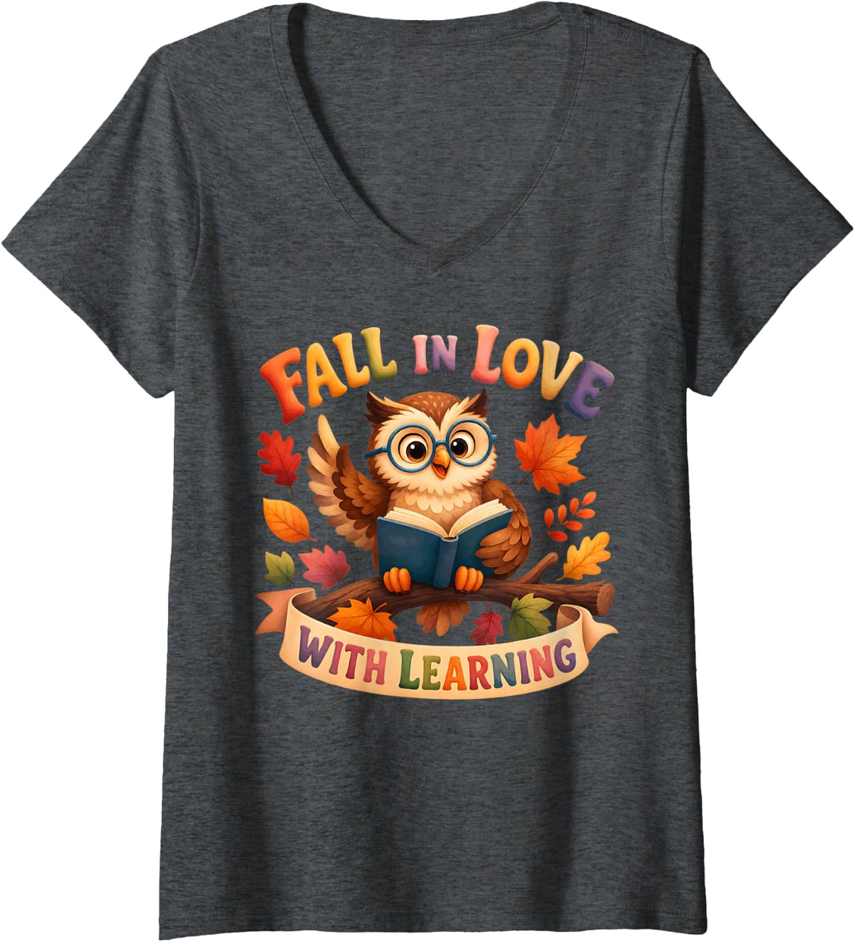 Women's Fall in Love with Learning Owl Funny Thanksgiving Teacher V-Neck T-Shirt - Dark Heather Grey