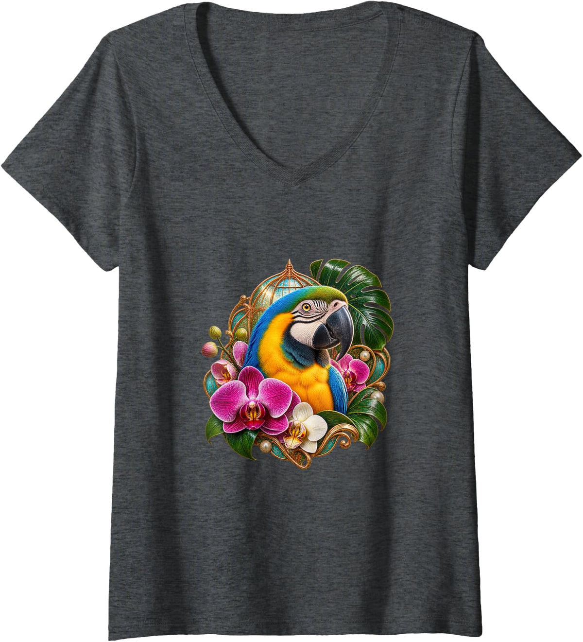 Women's Blue and Gold Macaw with Orchids V-Neck T-Shirt - Dark Heather Grey